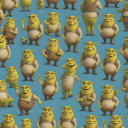 A fun, engaging pattern featuring cute, cartoonish depictions of Shrek, with his characteristic ogre charm,& prominent ears, grinning in various delightful poses.