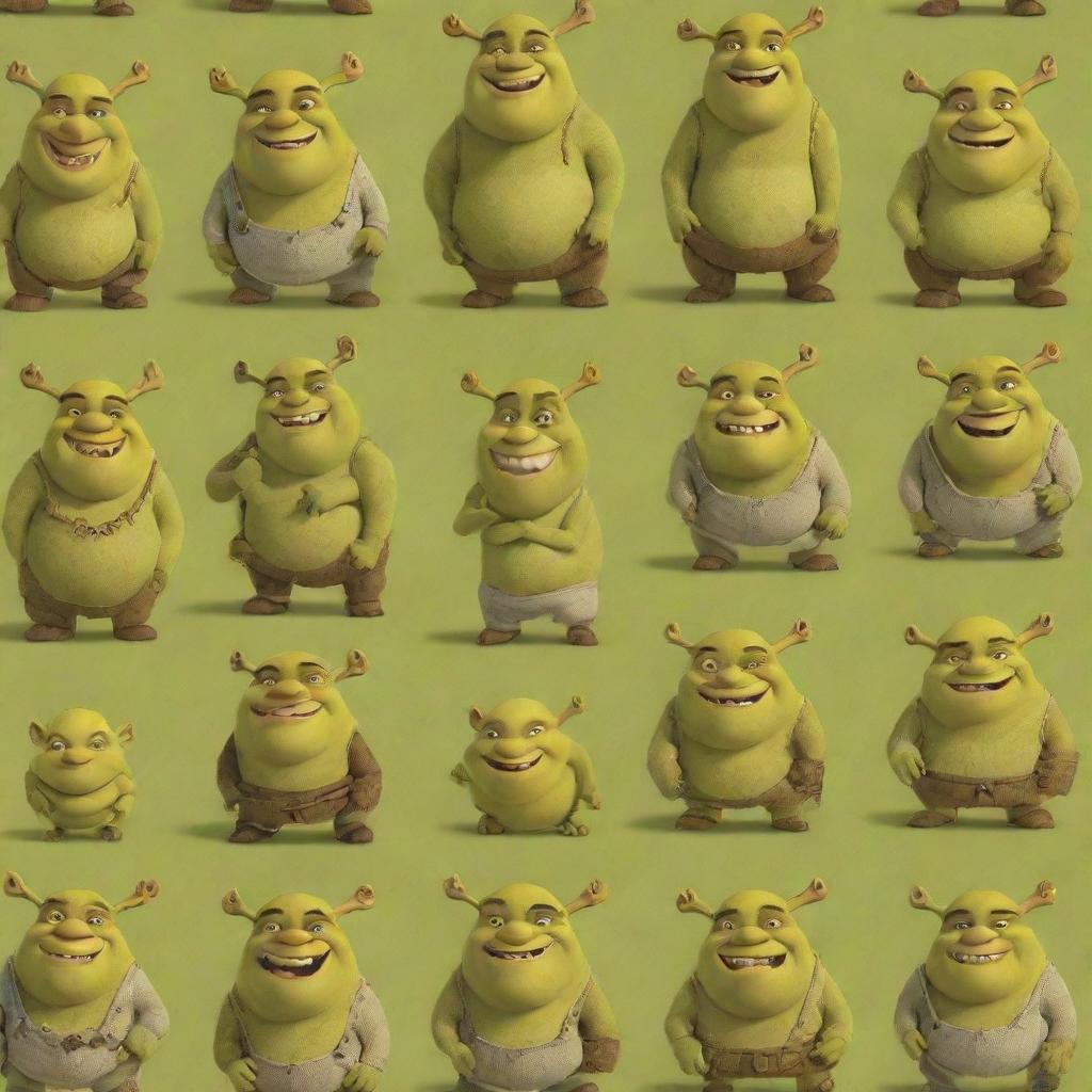 A fun, engaging pattern featuring cute, cartoonish depictions of Shrek, with his characteristic ogre charm,& prominent ears, grinning in various delightful poses.