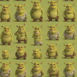 A fun, engaging pattern featuring cute, cartoonish depictions of Shrek, with his characteristic ogre charm,& prominent ears, grinning in various delightful poses.