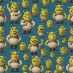 A fun, engaging pattern featuring cute, cartoonish depictions of Shrek, with his characteristic ogre charm,& prominent ears, grinning in various delightful poses.