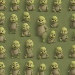 A whimsical pattern featuring adorable illustrations of Baby Shrek, with his tiny ogre form, big eyes and charming smile, engaging in playful poses.