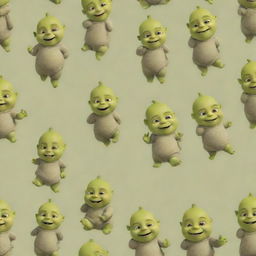 A whimsical pattern featuring adorable illustrations of Baby Shrek, with his tiny ogre form, big eyes and charming smile, engaging in playful poses.