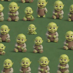 A whimsical pattern featuring adorable illustrations of Baby Shrek, with his tiny ogre form, big eyes and charming smile, engaging in playful poses.