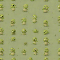 A whimsical pattern featuring adorable illustrations of Baby Shrek, with his tiny ogre form, big eyes and charming smile, engaging in playful poses.