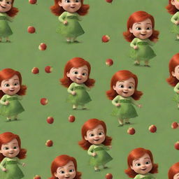 A charming pattern filled with cute depictions of Baby Fiona from Shrek, with her fiery red hair, green dress, and adorable smile, in various playful poses.