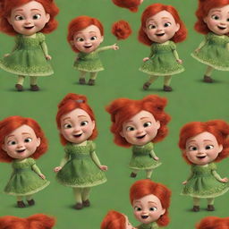 A charming pattern filled with cute depictions of Baby Fiona from Shrek, with her fiery red hair, green dress, and adorable smile, in various playful poses.