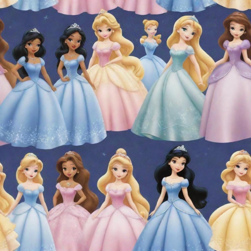 A magical pattern featuring adorable versions of beloved Disney princesses, all aglow with enchanting charm, dressed in their signature costumes and posing playfully.