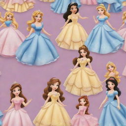 A magical pattern featuring adorable versions of beloved Disney princesses, all aglow with enchanting charm, dressed in their signature costumes and posing playfully.