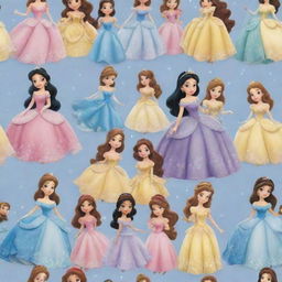 A magical pattern featuring adorable versions of beloved Disney princesses, all aglow with enchanting charm, dressed in their signature costumes and posing playfully.