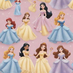 A magical pattern featuring adorable versions of beloved Disney princesses, all aglow with enchanting charm, dressed in their signature costumes and posing playfully.