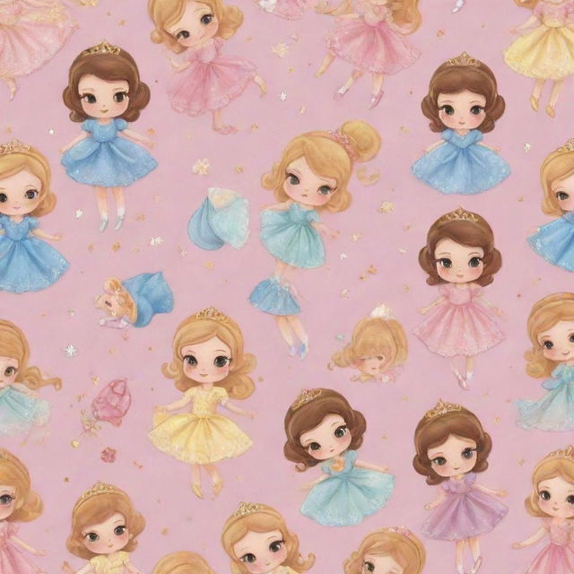 A delightful pattern bursting with cute, chibi-style depictions of Disney baby princesses, their sparkling eyes, miniature royal outfits, and charming smiles creating an enchanting vibe.