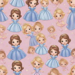 A delightful pattern bursting with cute, chibi-style depictions of Disney baby princesses, their sparkling eyes, miniature royal outfits, and charming smiles creating an enchanting vibe.