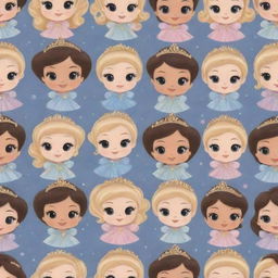 A delightful pattern bursting with cute, chibi-style depictions of Disney baby princesses, their sparkling eyes, miniature royal outfits, and charming smiles creating an enchanting vibe.