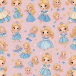 A delightful pattern bursting with cute, chibi-style depictions of Disney baby princesses, their sparkling eyes, miniature royal outfits, and charming smiles creating an enchanting vibe.