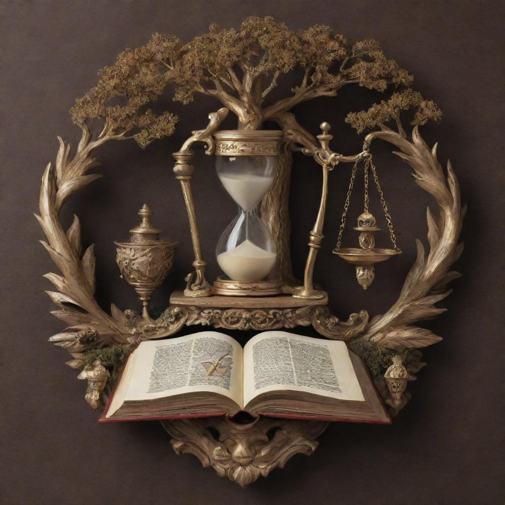 A detailed coat of arms featuring an hourglass, a quill, a golden key, an open book, and a lone tree.