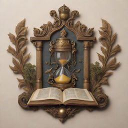 A detailed coat of arms featuring an hourglass, a quill, a golden key, an open book, and a lone tree.