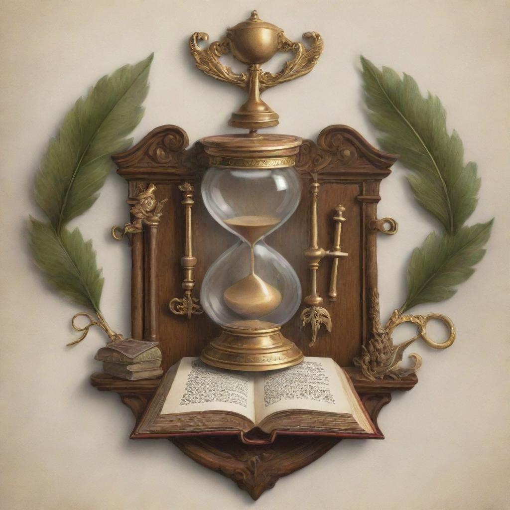 A detailed coat of arms featuring an hourglass, a quill, a golden key, an open book, and a lone tree.