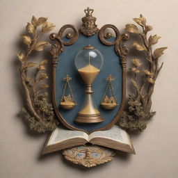 A detailed coat of arms featuring an hourglass, a quill, a golden key, an open book, and a lone tree.