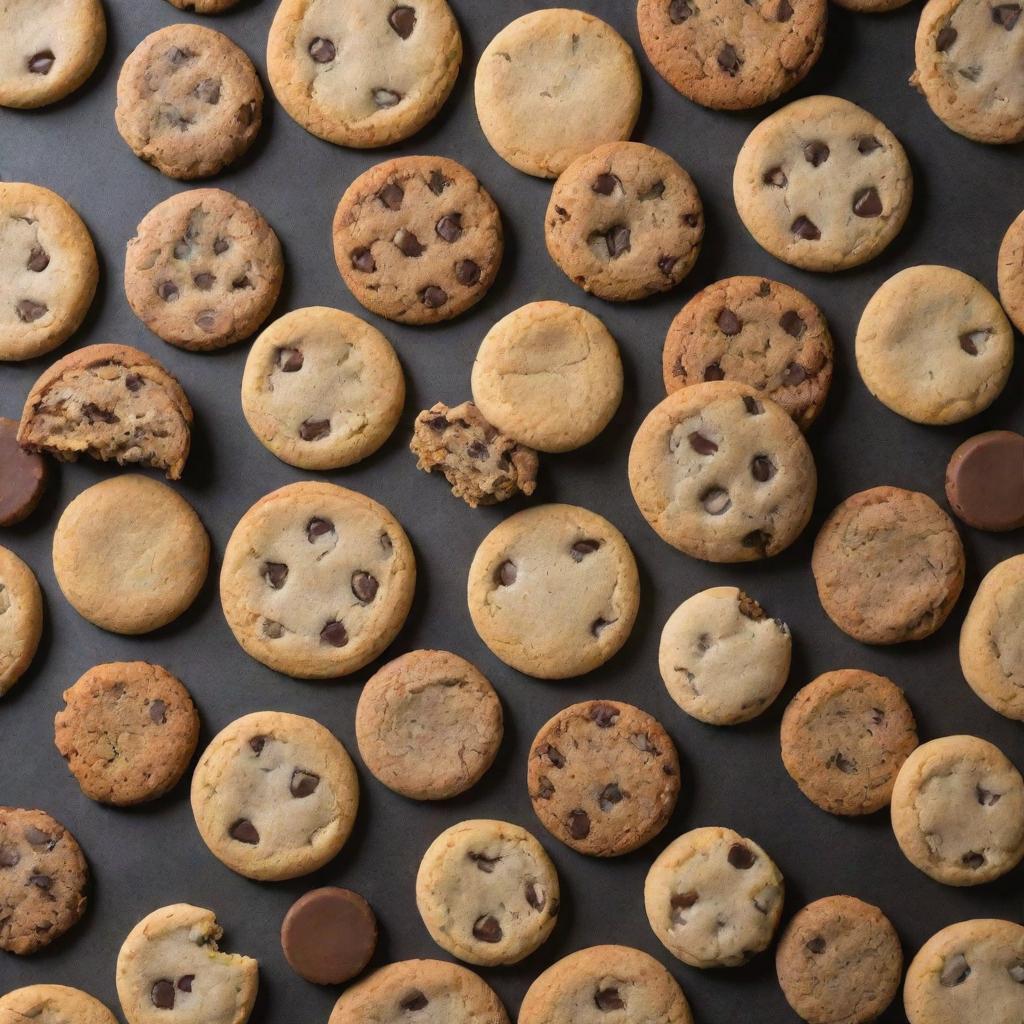 An aesthetically pleasing pattern made from a variety of cookies, ranging from chocolate chip to sugar cookies, in a variety of shapes and sizes.