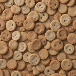 An aesthetically pleasing pattern made from a variety of cookies, ranging from chocolate chip to sugar cookies, in a variety of shapes and sizes.