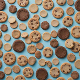 An aesthetically pleasing pattern made from a variety of cookies, ranging from chocolate chip to sugar cookies, in a variety of shapes and sizes.