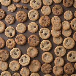 An aesthetically pleasing pattern made from a variety of cookies, ranging from chocolate chip to sugar cookies, in a variety of shapes and sizes.