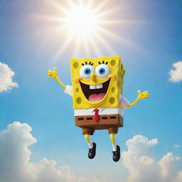 Spongebob Squarepants flying high in the sky with a radiant sun behind him