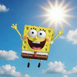 Spongebob Squarepants flying high in the sky with a radiant sun behind him