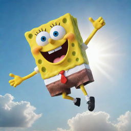 Spongebob Squarepants flying high in the sky with a radiant sun behind him