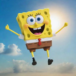 Spongebob Squarepants flying high in the sky with a radiant sun behind him