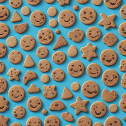 An aesthetic pattern made of cartoon-style cookies with exaggerated features to enhance the sense of caricature. The variety includes chocolate chip to sugar cookies in different playful shapes and sizes.