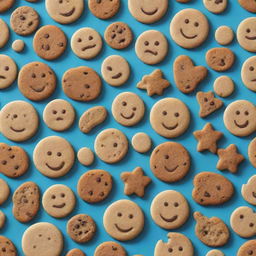 An aesthetic pattern made of cartoon-style cookies with exaggerated features to enhance the sense of caricature. The variety includes chocolate chip to sugar cookies in different playful shapes and sizes.