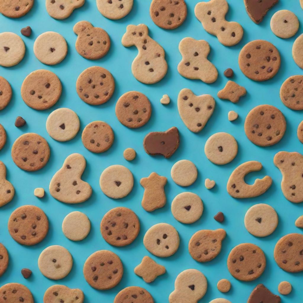 An aesthetic pattern made of cartoon-style cookies with exaggerated features to enhance the sense of caricature. The variety includes chocolate chip to sugar cookies in different playful shapes and sizes.