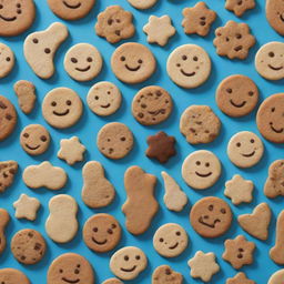 An aesthetic pattern made of cartoon-style cookies with exaggerated features to enhance the sense of caricature. The variety includes chocolate chip to sugar cookies in different playful shapes and sizes.