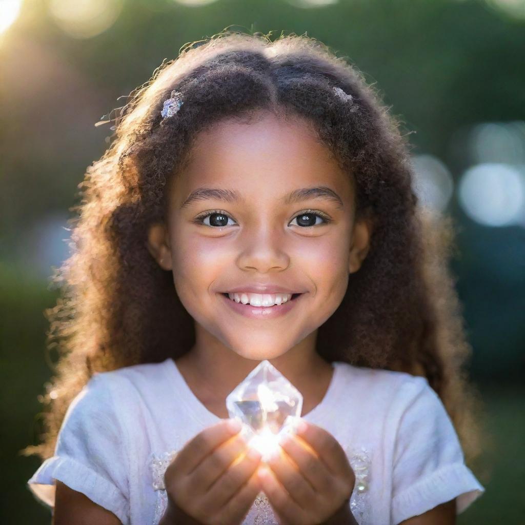 A young girl named Crystal with sparkling eyes and a bright smile, holding a radiant crystal.