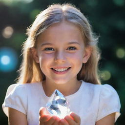 A young girl named Crystal with sparkling eyes and a bright smile, holding a radiant crystal.