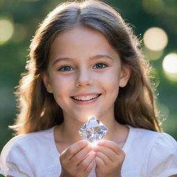 A young girl named Crystal with sparkling eyes and a bright smile, holding a radiant crystal.