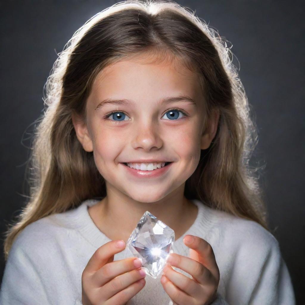 A young girl named Crystal with sparkling eyes and a bright smile, holding a radiant crystal.