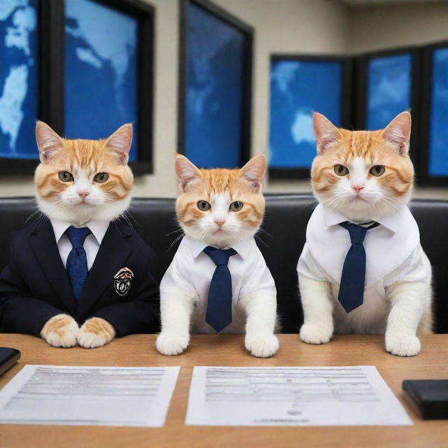 Adorable, clever cats donning sharp suits, sitting in an advanced command center, orchestrating the world's affairs.