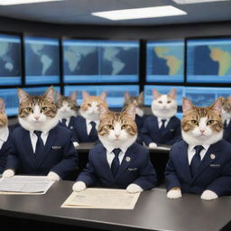 Adorable, clever cats donning sharp suits, sitting in an advanced command center, orchestrating the world's affairs.