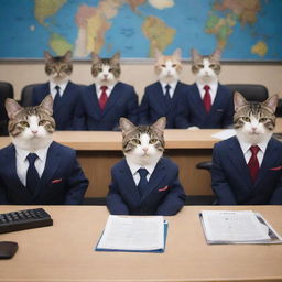 Adorable, clever cats donning sharp suits, sitting in an advanced command center, orchestrating the world's affairs.