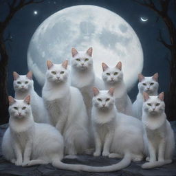 A mystical gathering of elegant cats under the silvery moonlight, forming a cat cult with a large, glowing cat symbol in the background.