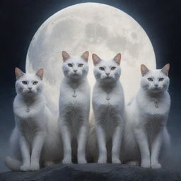 A mystical gathering of elegant cats under the silvery moonlight, forming a cat cult with a large, glowing cat symbol in the background.