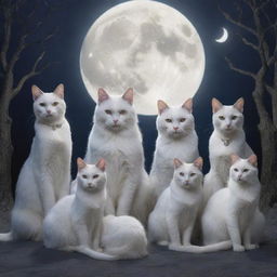 A mystical gathering of elegant cats under the silvery moonlight, forming a cat cult with a large, glowing cat symbol in the background.