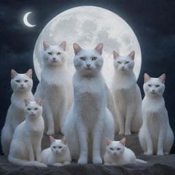 A mystical gathering of elegant cats under the silvery moonlight, forming a cat cult with a large, glowing cat symbol in the background.