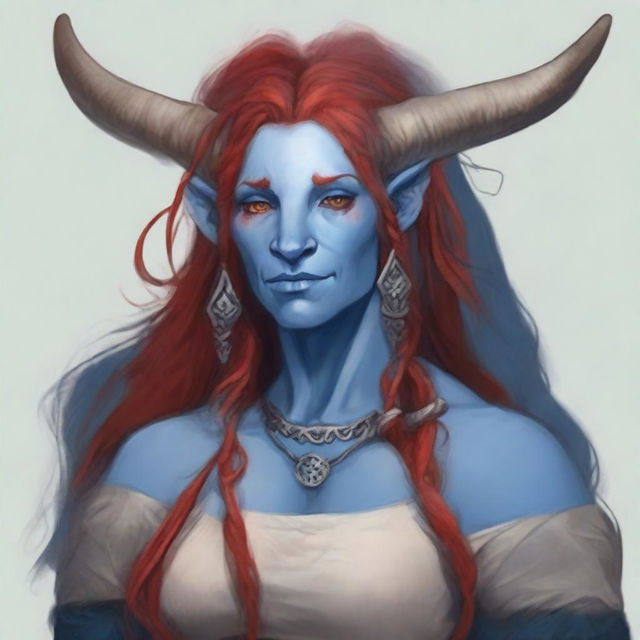 Create an image of a motherly Firbolg woman with blue skin and long red hair