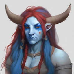 Create an image of a motherly Firbolg woman with blue skin and long red hair