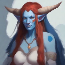 Create an image of a motherly Firbolg woman with blue skin and long red hair