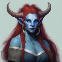 Create an image of a motherly Firbolg woman with blue skin and long red hair