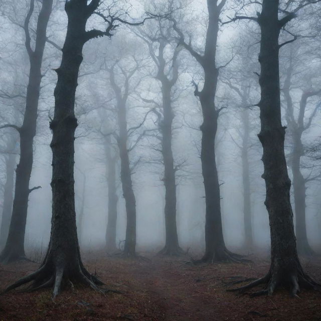 A chilling, macabre forest at dusk, with twisted, gnarly trees and a hovering mist giving off an eerie glow.